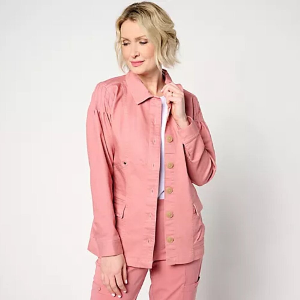 AnyBody Petite Stretch Twill Utility Jacket with Pockets - Rusty Rose - Petite L